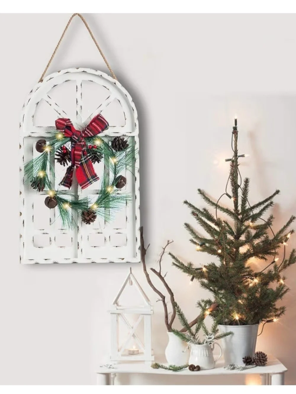 Holiday Window Wreath Wall Decor - White Frame with Red Bow. NWT.
